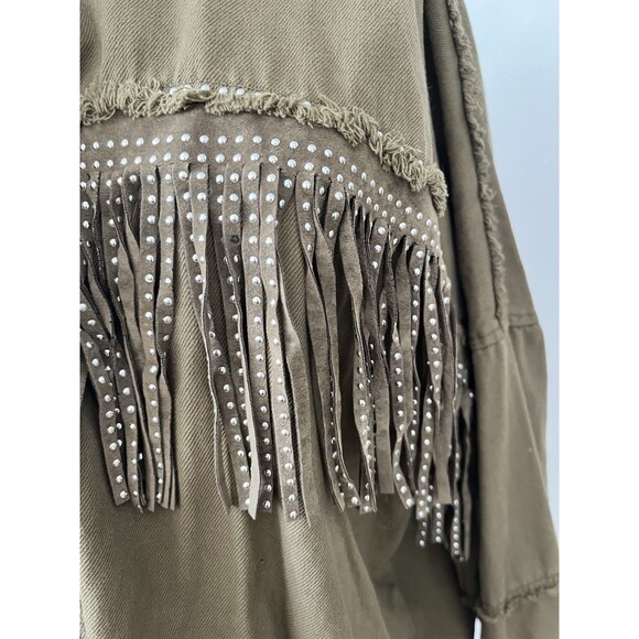 Zara Olive Green Cotton Fringe Trim Studded Snap Button Western Jacket Size Lg - Picture 8 of 9